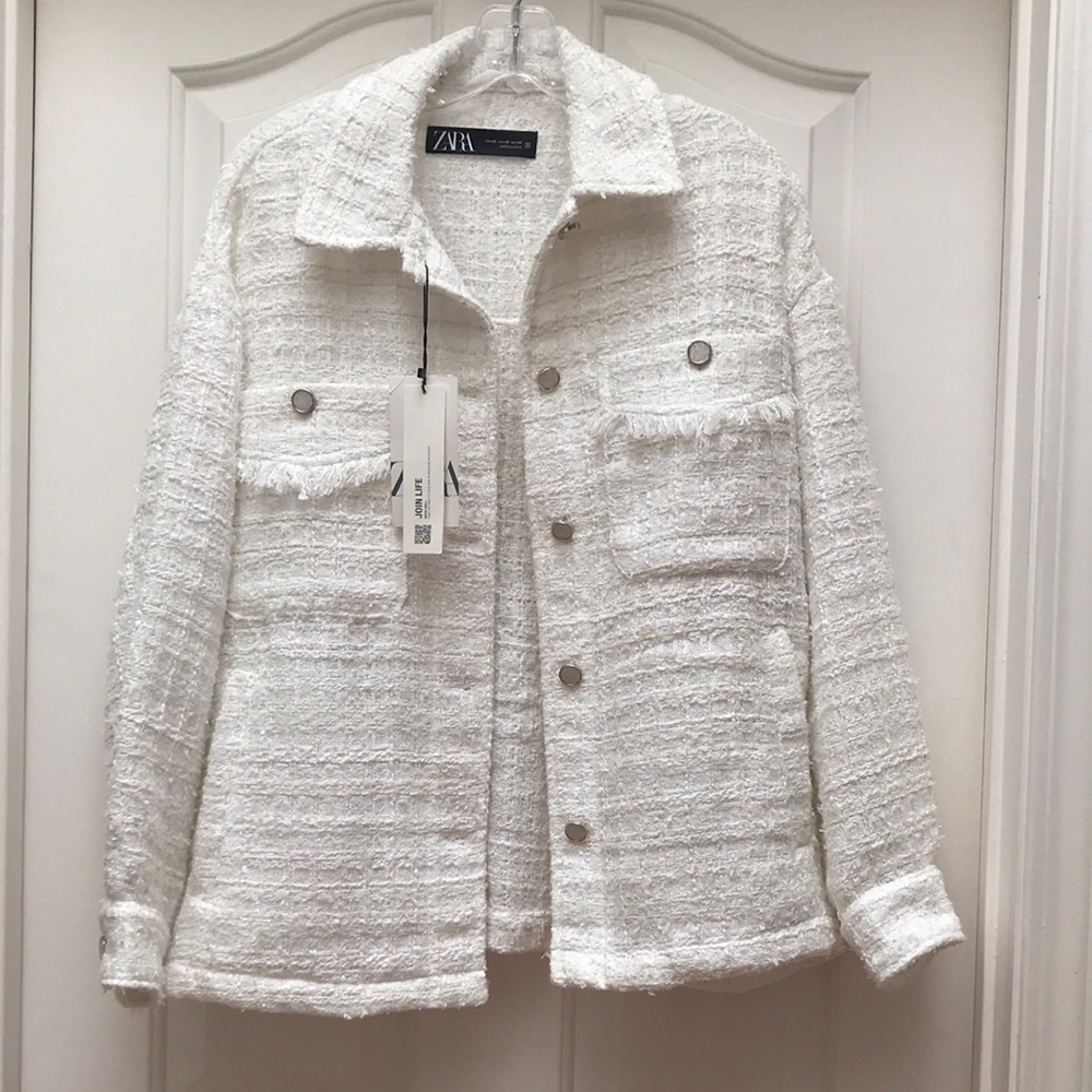 ZARA NWT White Tweed Jacket / Shacket - Women's Collar Button-Front - XS 🐚